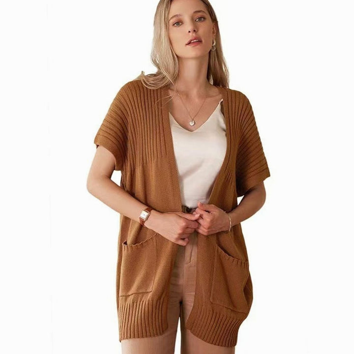 Women's Open-Front Short-Sleeve Knit Cardigan Sweater Pockets - Brown