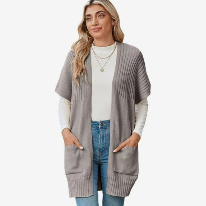 Women's Open-Front Short-Sleeve Knit Cardigan Sweater Pockets - Light Gray