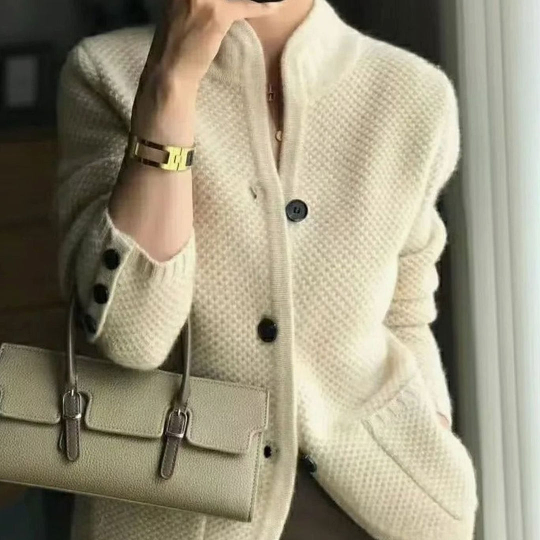 Women's Open-Pocket V-Neck Knit Button Cardigan Sweater - Beige