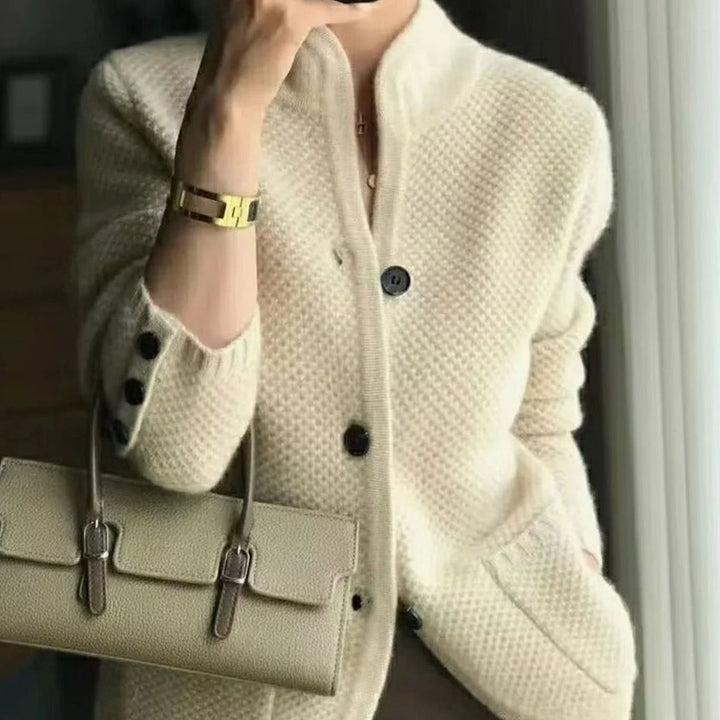 Women's Open-Pocket V-Neck Knit Button Cardigan Sweater - Beige