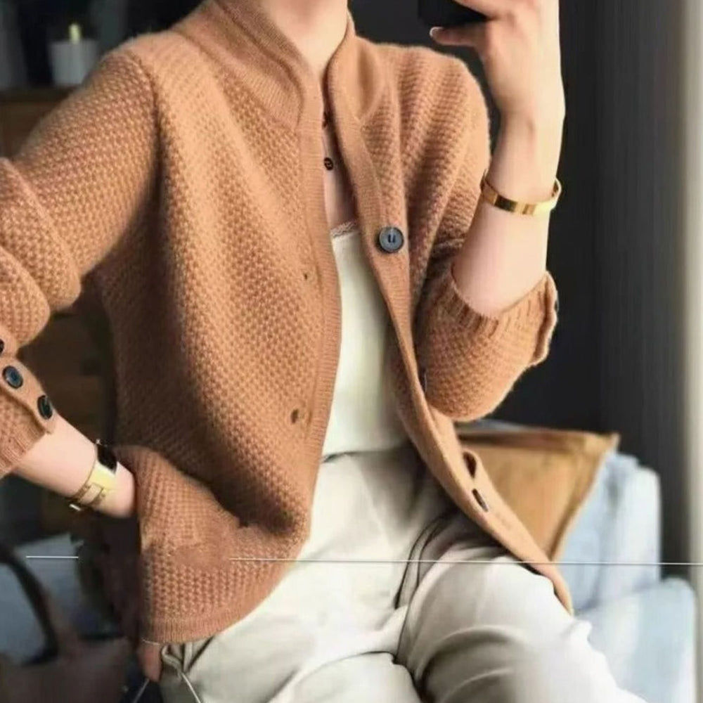 Women's Open-Pocket V-Neck Knit Button Cardigan Sweater - Brown
