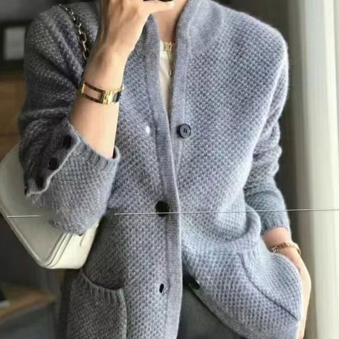 Women's Open-Pocket V-Neck Knit Button Cardigan Sweater - Grey