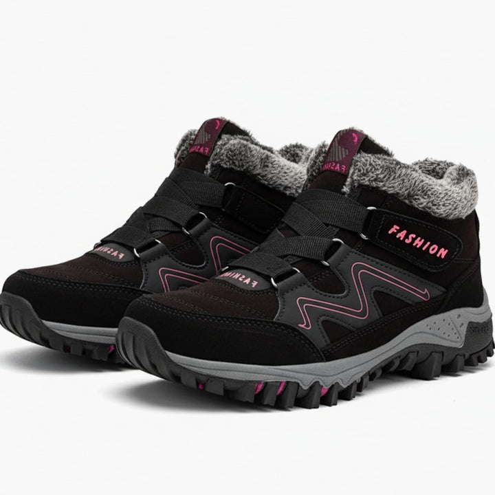Women's Orthopedic Ankle Boots Faux-Fur Lace-Up Winter Sneaker Boots - Black Pink