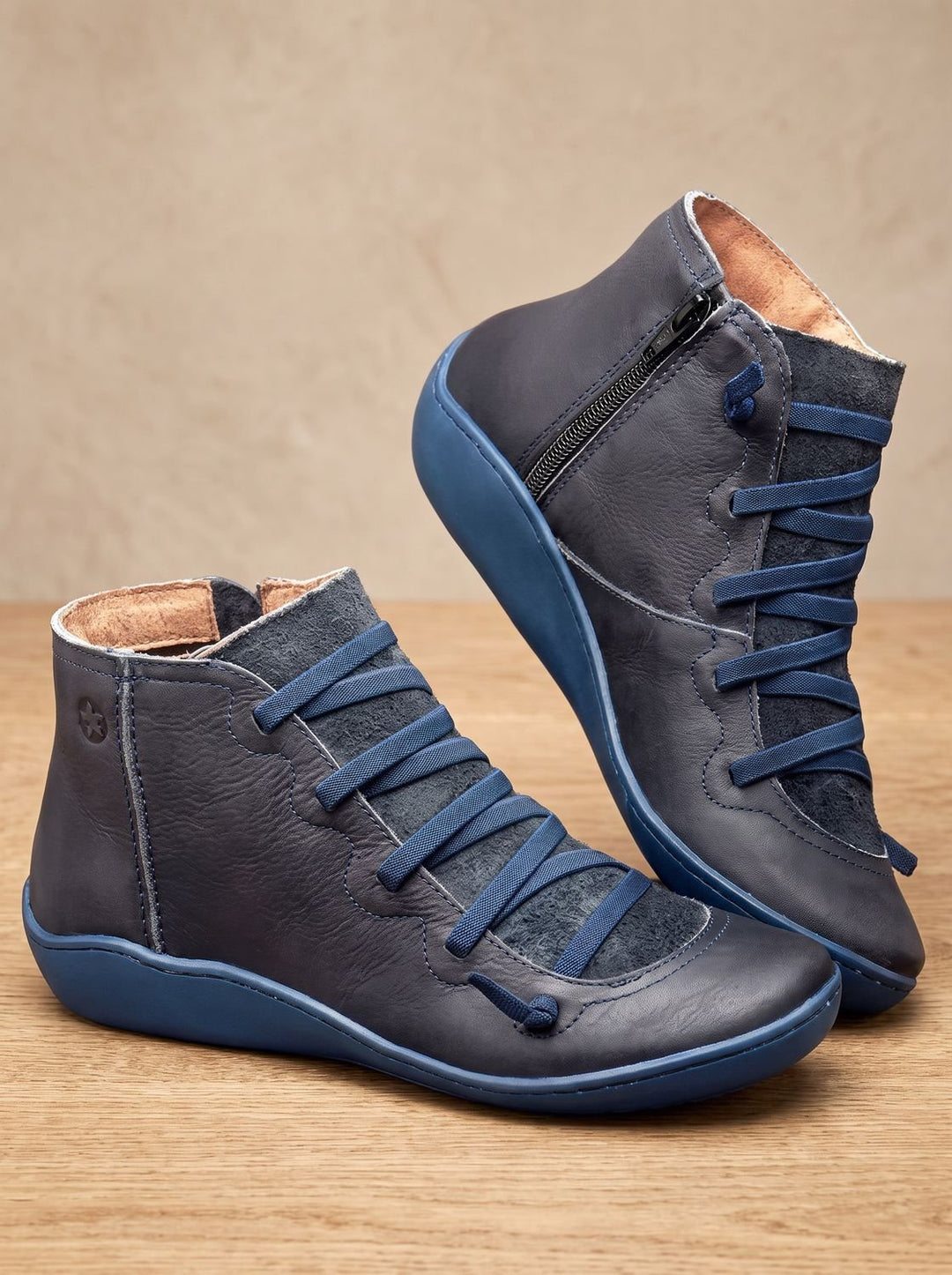Women's Orthopedic Ankle Boots Lace-Up Side-Zip Wedge Booties - Blue