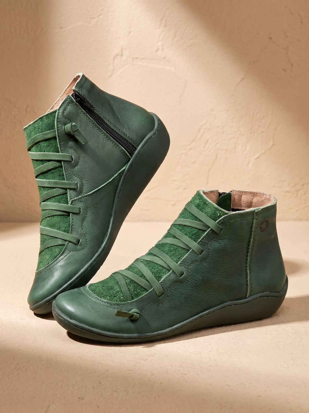Women's Orthopedic Ankle Boots Lace-Up Side-Zip Wedge Booties - Green
