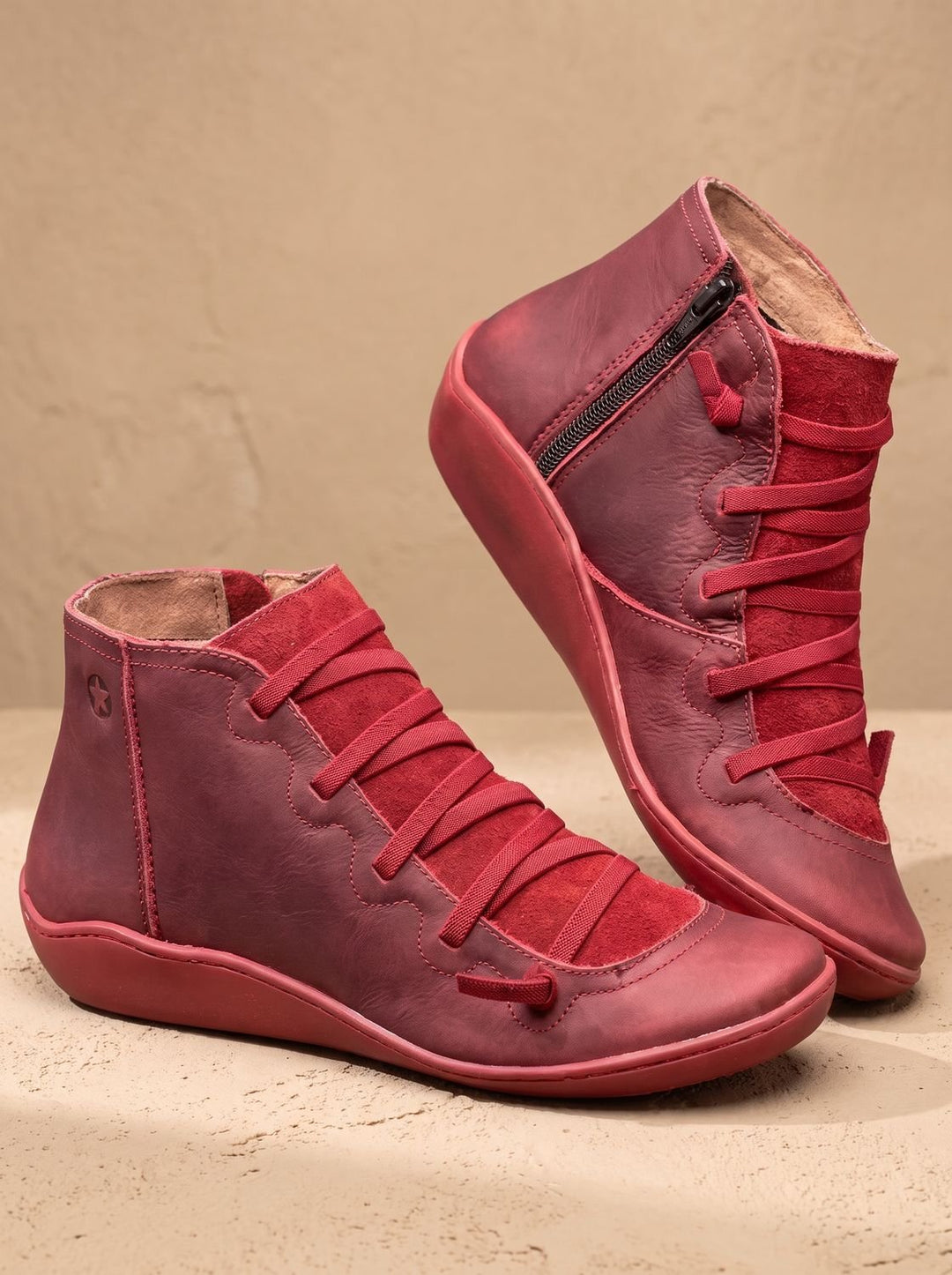Women's Orthopedic Ankle Boots Lace-Up Side-Zip Wedge Booties - Red