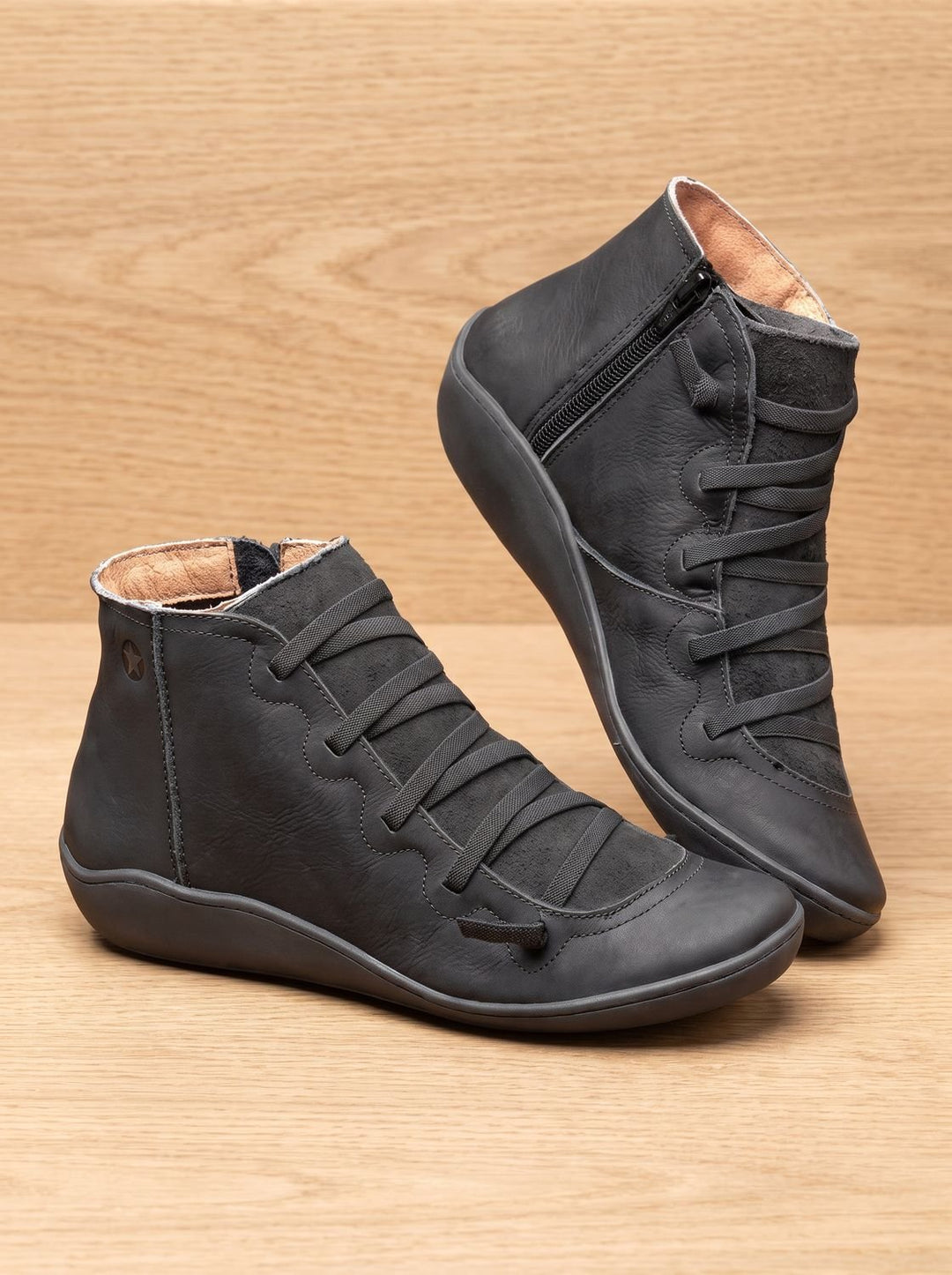 Women's Orthopedic Ankle Boots Lace-Up Side-Zip Wedge Booties - Black