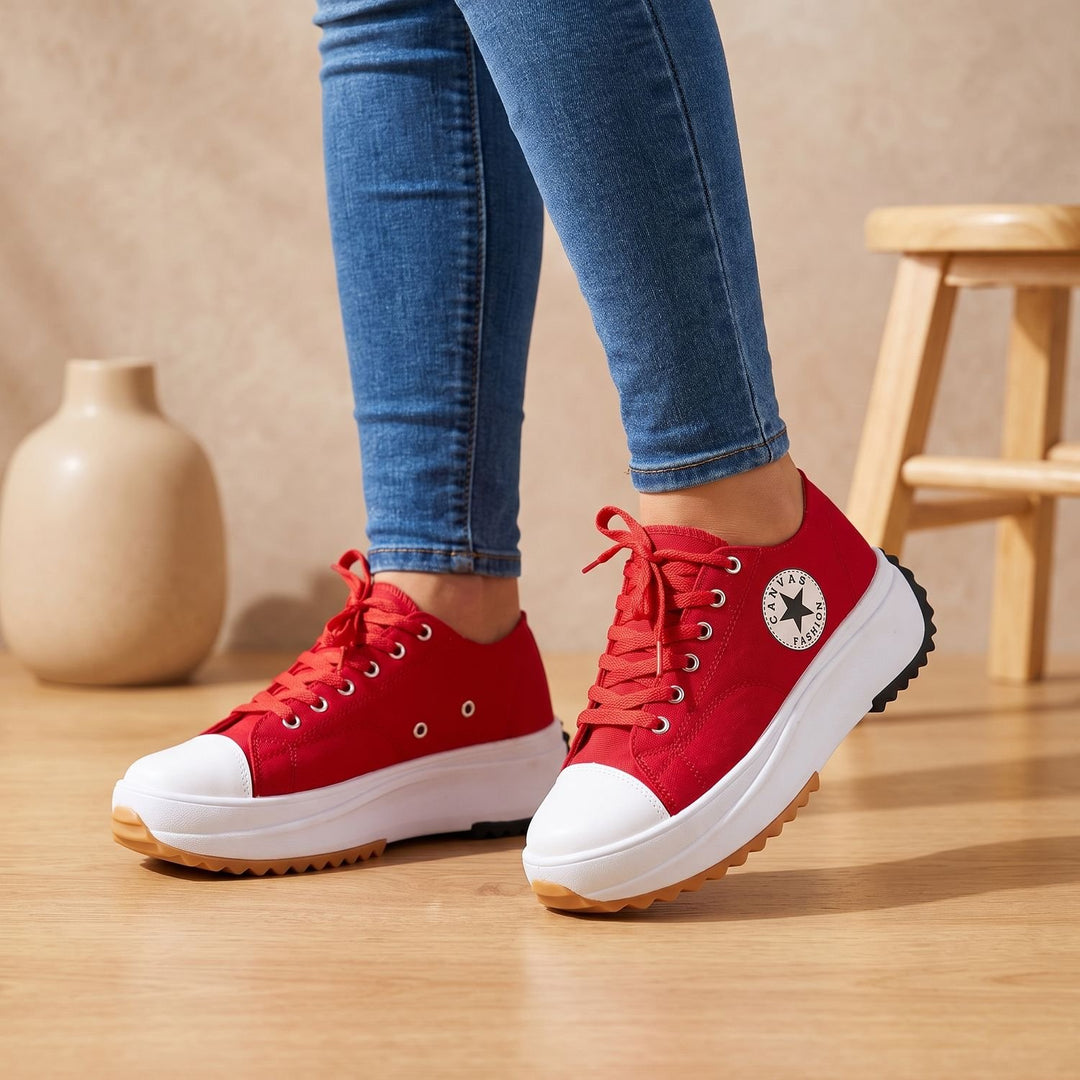 Women's Orthopedic Arch-Support Lace-Up Platform Sneakers - Red