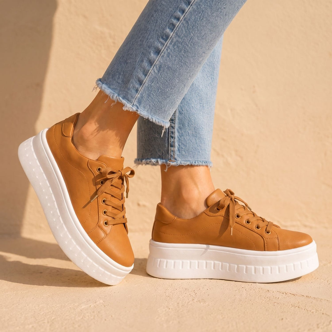 Women's Orthopedic Arch-Support Lace-Up Platform Sneakers, Tan - Brown
