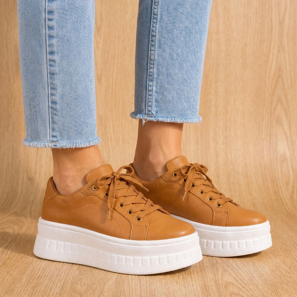 Women's Orthopedic Arch-Support Lace-Up Platform Sneakers, Tan