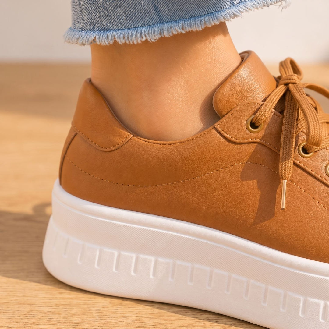 Women's Orthopedic Arch-Support Lace-Up Platform Sneakers, Tan