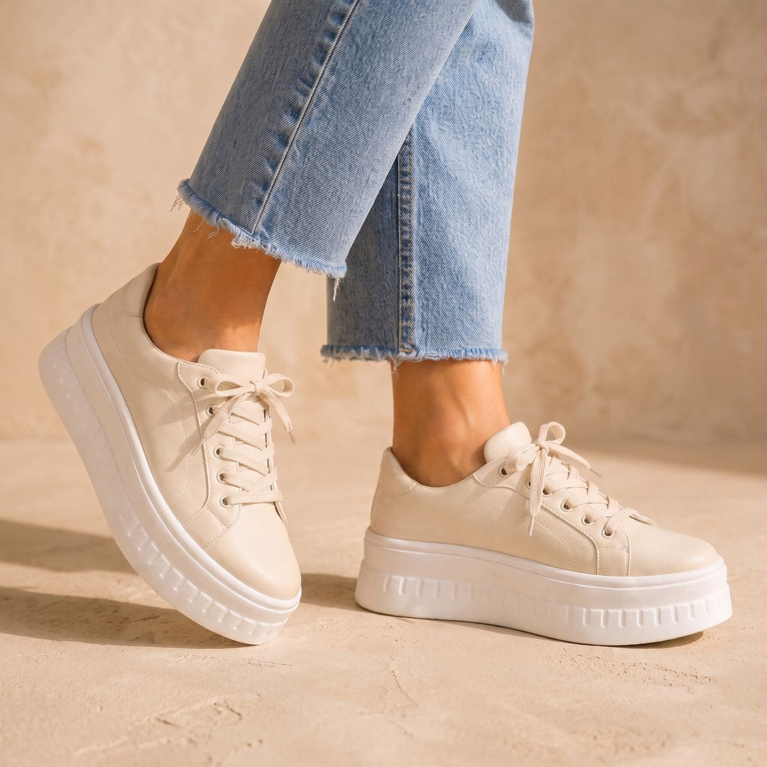 Women's Orthopedic Arch-Support Lace-Up Platform Sneakers, Tan - Beige