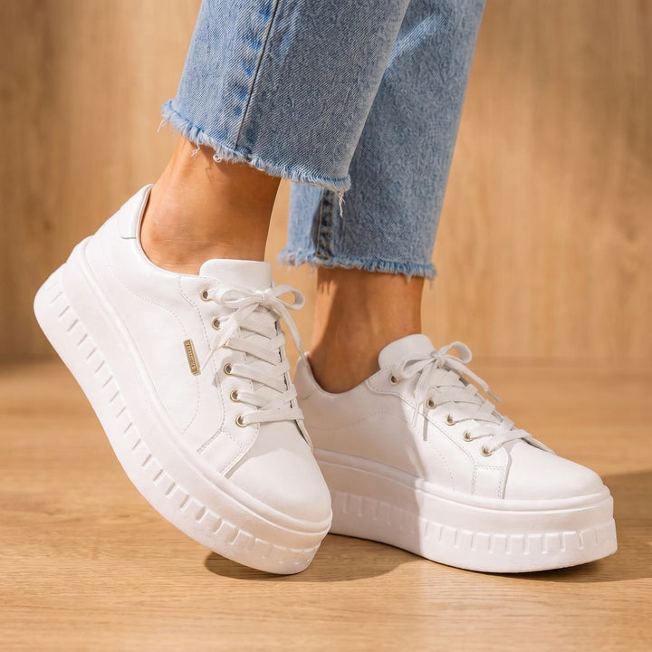 Women's Orthopedic Arch-Support Lace-Up Platform Sneakers, Tan - White