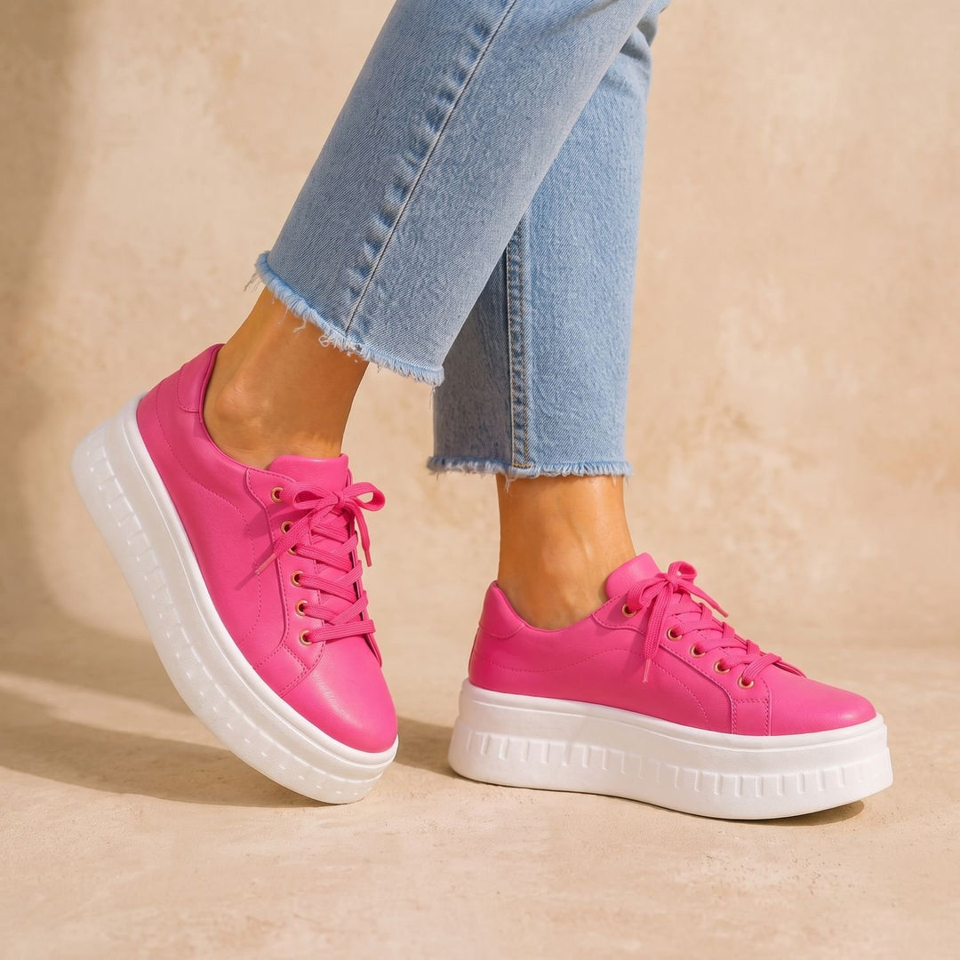 Women's Orthopedic Arch-Support Lace-Up Platform Sneakers, Tan - Pink