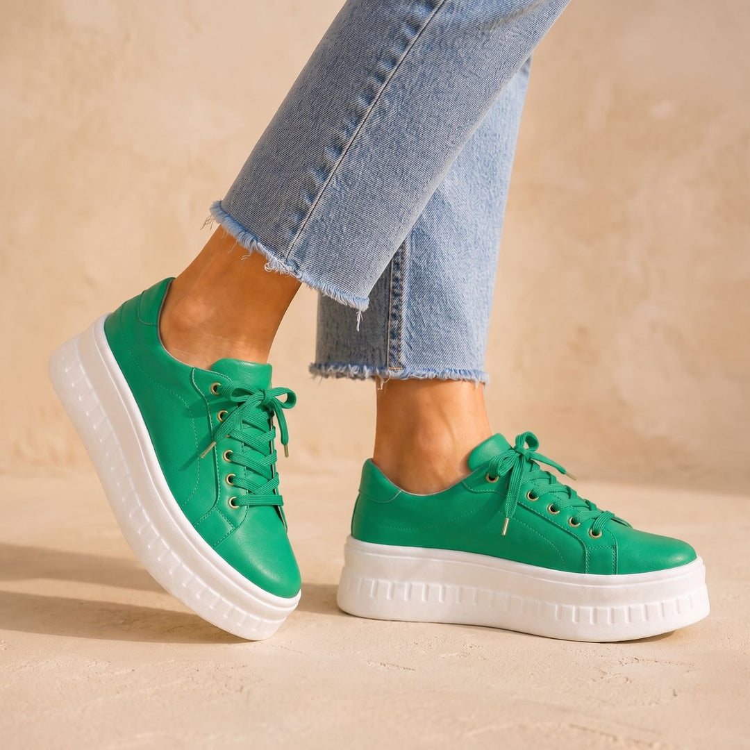 Women's Orthopedic Arch-Support Lace-Up Platform Sneakers, Tan - Green