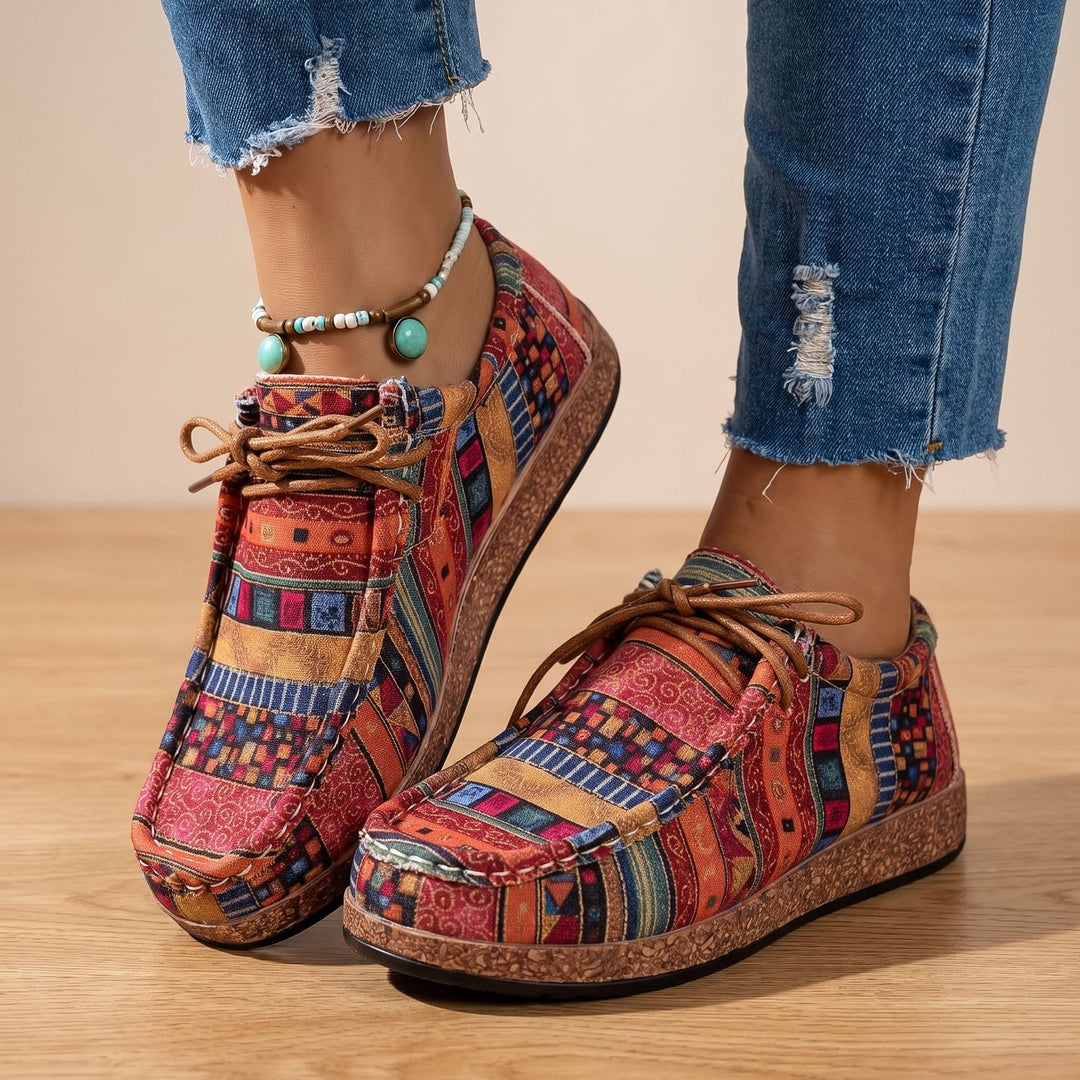 Women's Orthopedic Boho Patchwork Lace-Up Comfort Sneakers - Red