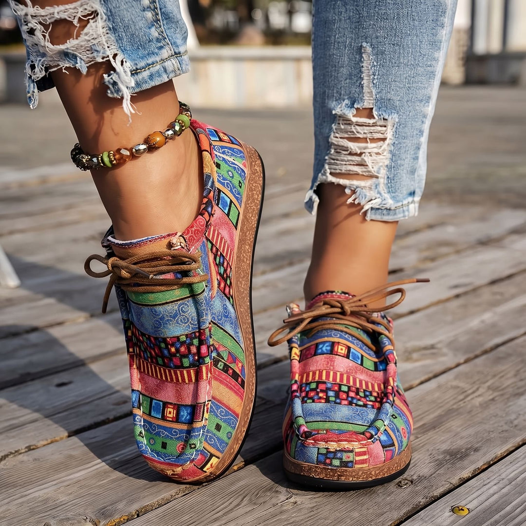 Women's Orthopedic Boho Patchwork Lace-Up Comfort Sneakers - Green