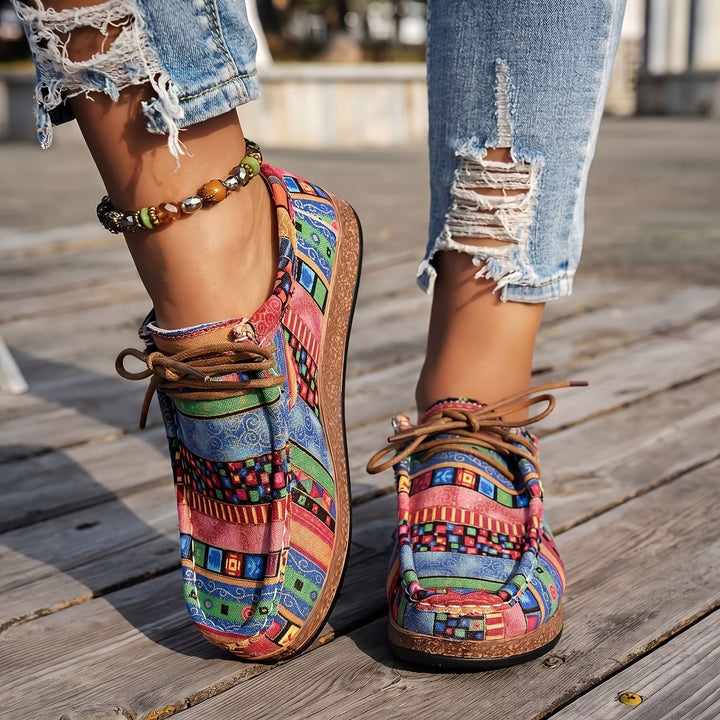 Women's Orthopedic Boho Patchwork Lace-Up Comfort Sneakers - Green