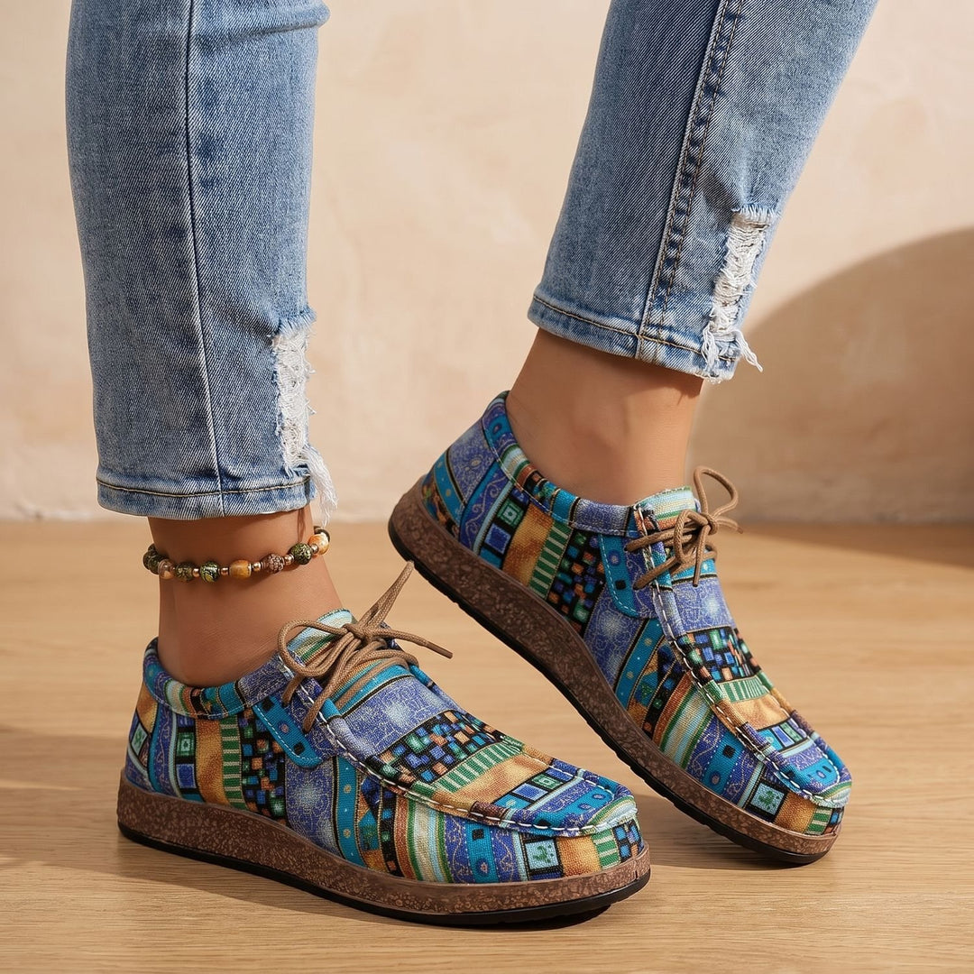 Women's Orthopedic Boho Patchwork Lace-Up Comfort Sneakers - Blue