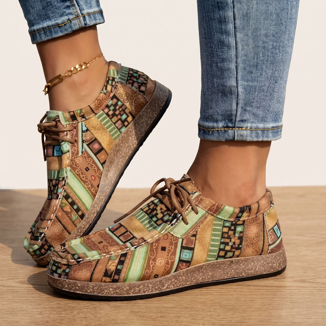 Women's Orthopedic Boho Patchwork Lace-Up Comfort Sneakers - Khaki