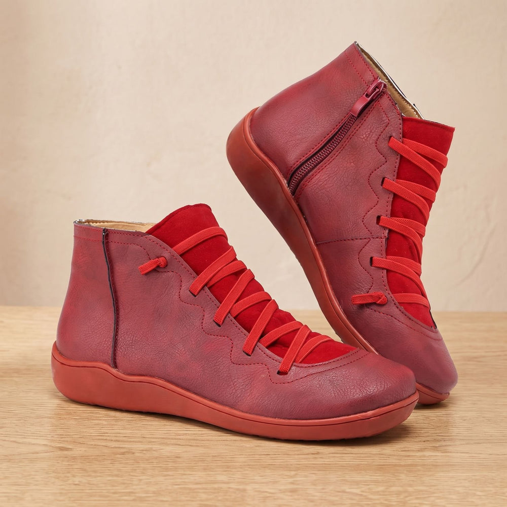 Women's Orthopedic Boots Side-Zip Lace-Up Comfort Ankle Booties - Red