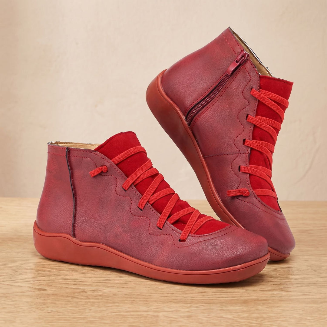 Women's Orthopedic Boots Side-Zip Lace-Up Comfort Ankle Booties - Red