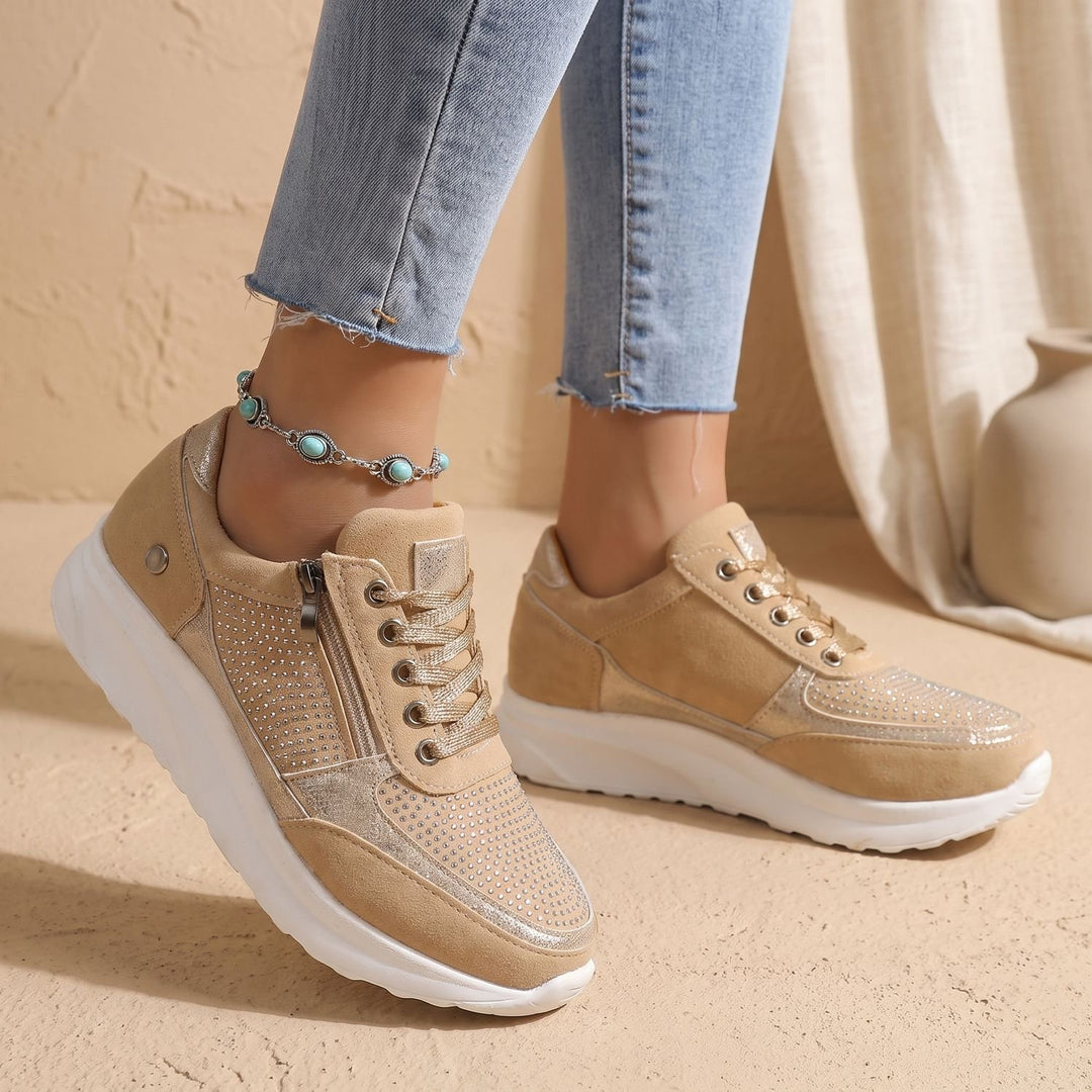 Women's Orthopedic Bunion Relief Rhinestone Lace-Up Sneakers - Apricot