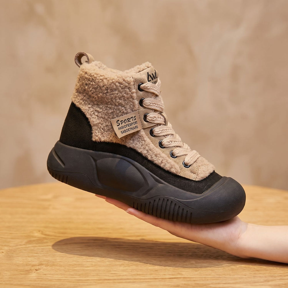Women's Orthopedic Comfort Lace-Up Fleece Winter Sneaker Boots - Beige