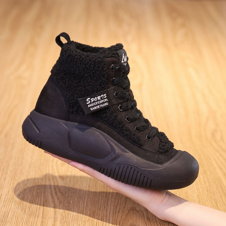 Women's Orthopedic Comfort Lace-Up Fleece Winter Sneaker Boots - Black