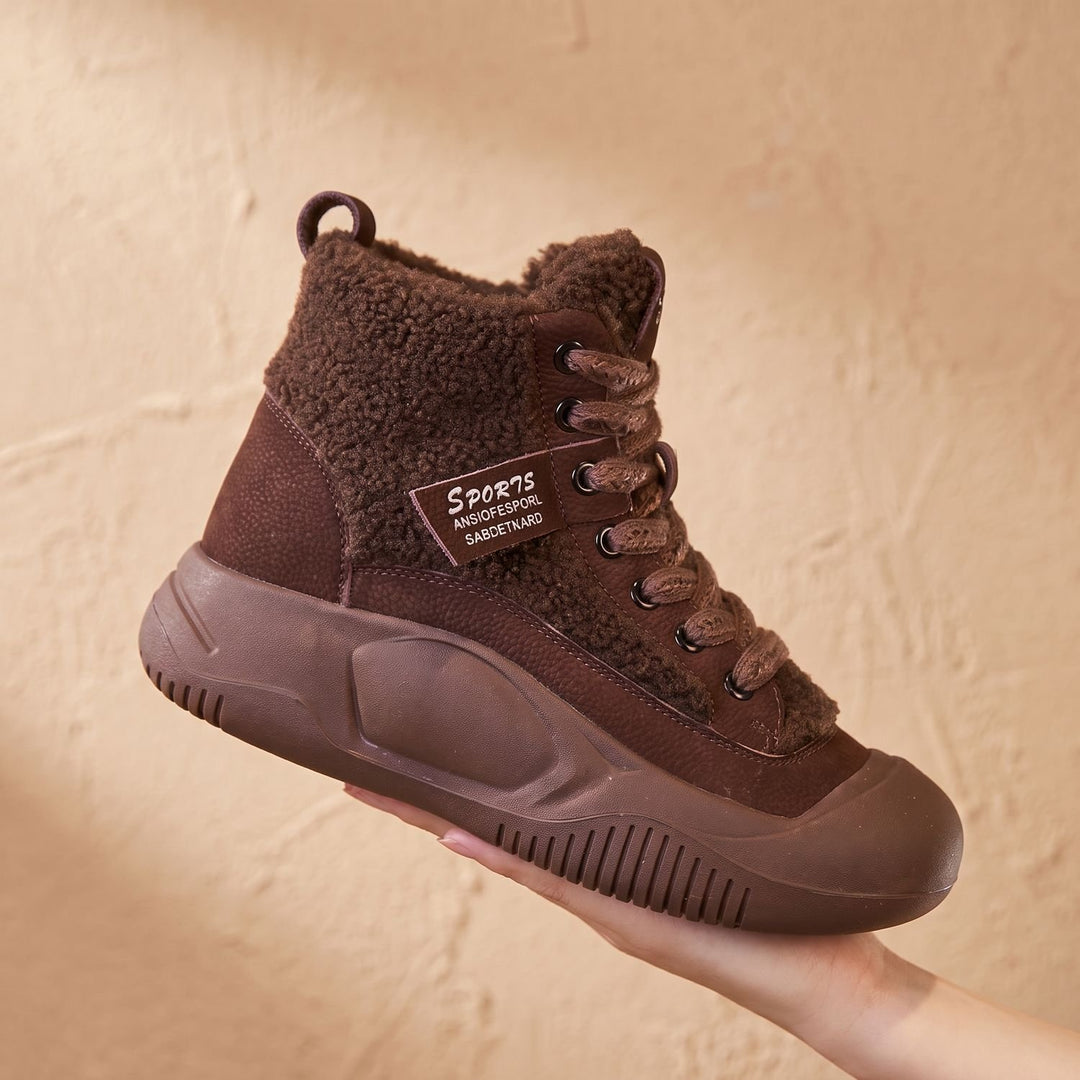 Women's Orthopedic Comfort Lace-Up Fleece Winter Sneaker Boots - Brown