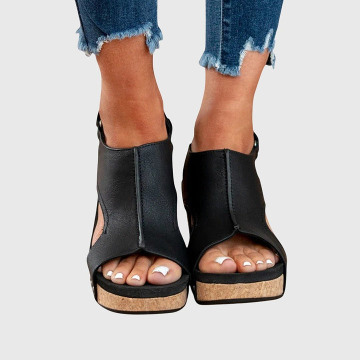Women's Orthopedic Cork Wedge Open-Toe Comfortable Sandals - Black