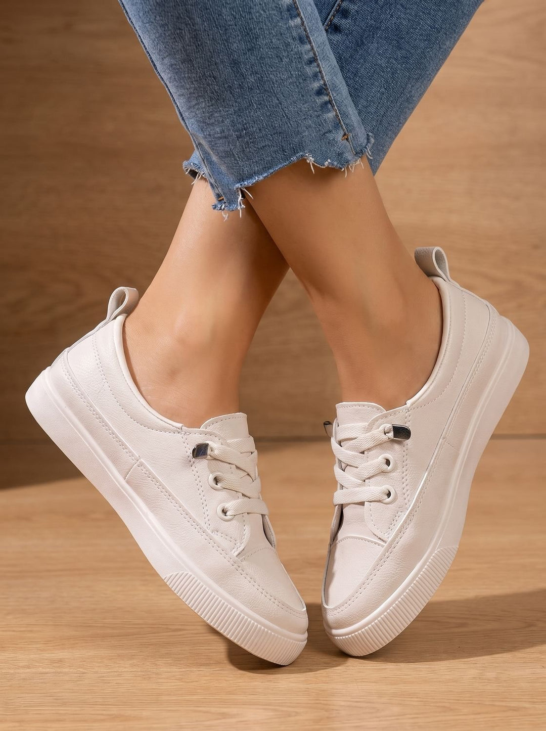 Women's Orthopedic Cushioned Lace-Up Low-Top Sneakers - Beige