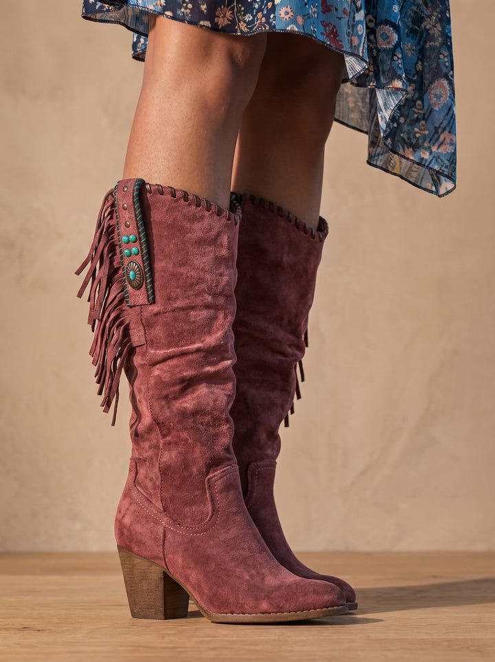 Women's Orthopedic Fringe Western Knee-High Boots - Red