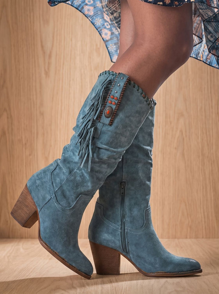 Women's Orthopedic Fringe Western Knee-High Boots - Blue