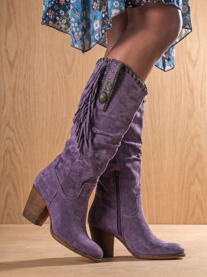 Women's Orthopedic Fringe Western Knee-High Boots - Purple