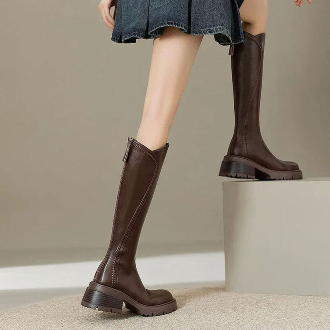 Women's Orthopedic Knee-High Back-Zip Leather Boots - Brown Fur