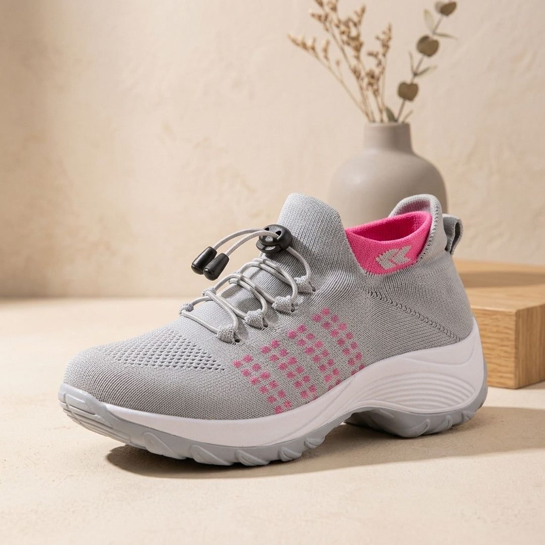 Women's Orthopedic Knit Platform Lace-Up Sneakers - Gray Pink