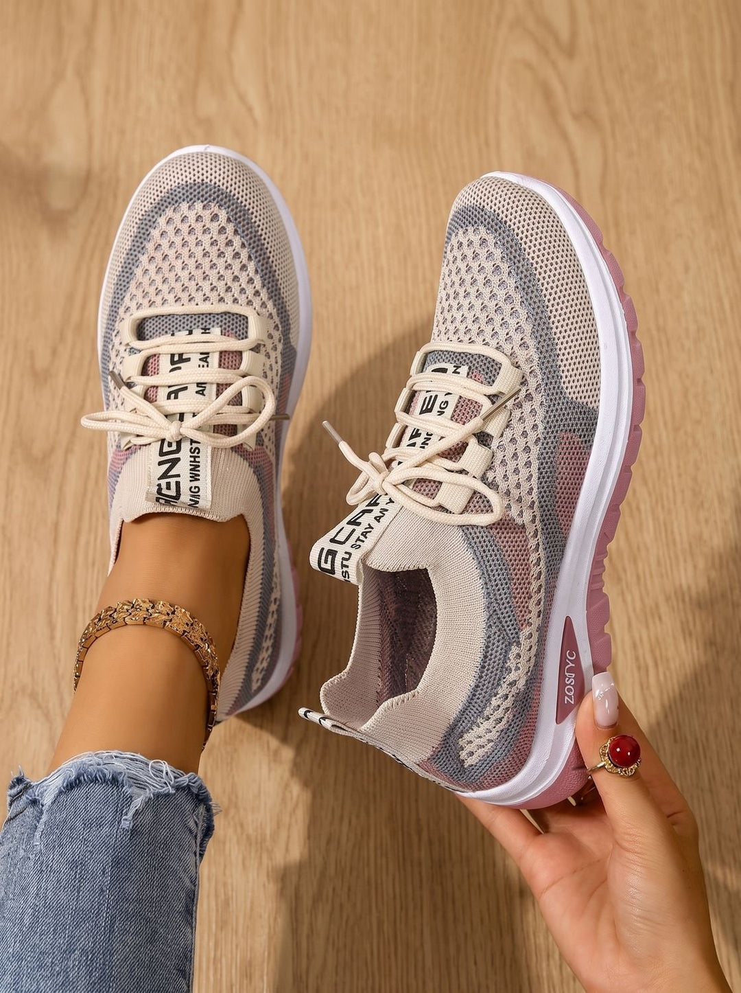 Women's Orthopedic Lace-Up Breathable Mesh Walking Sneakers - Khaki