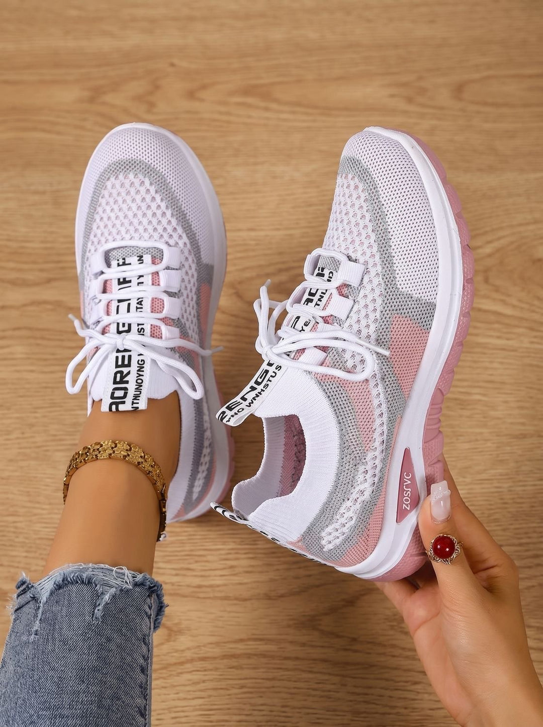 Women's Orthopedic Lace-Up Breathable Mesh Walking Sneakers - Pink