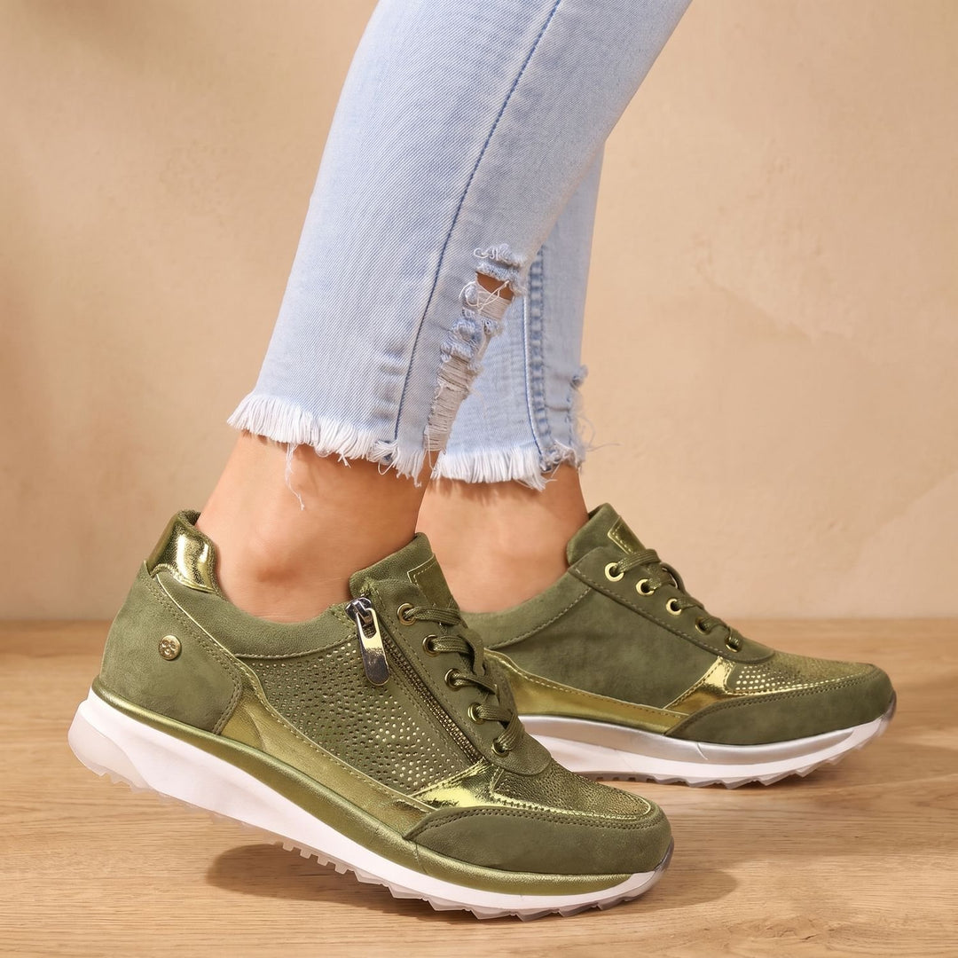 Women's Orthopedic Lace-Up Side-Zip Breathable Mesh Sneakers - Green