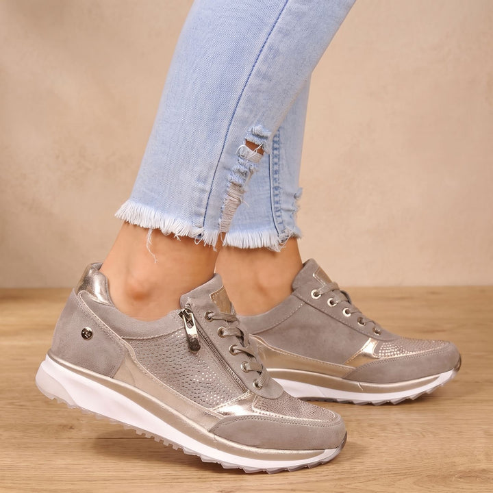 Women's Orthopedic Lace-Up Side-Zip Breathable Mesh Sneakers - Khaki