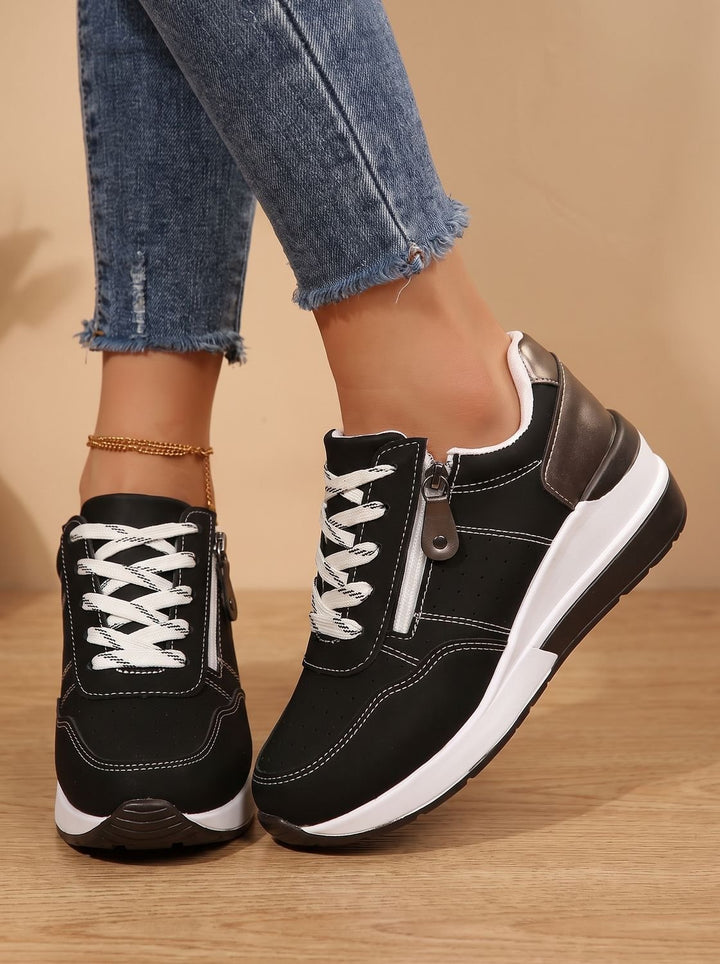 Women's Orthopedic Lace-Up Wedge Sneakers Walking Shoes - Black