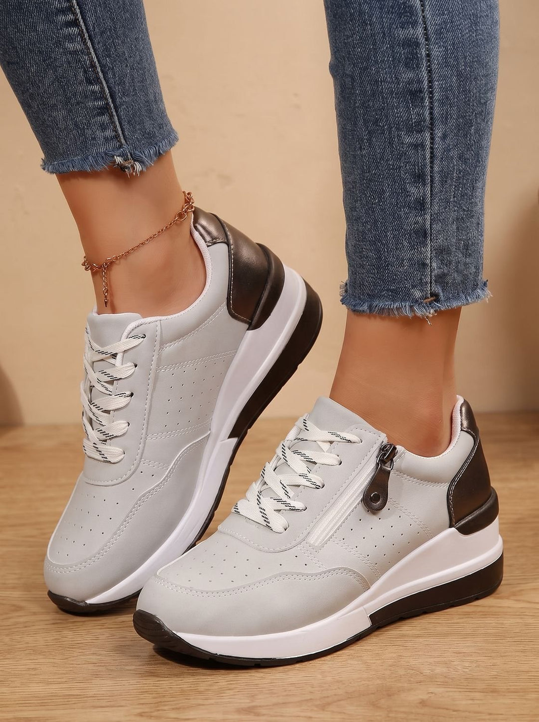 Women's Orthopedic Lace-Up Wedge Sneakers Walking Shoes - Grey