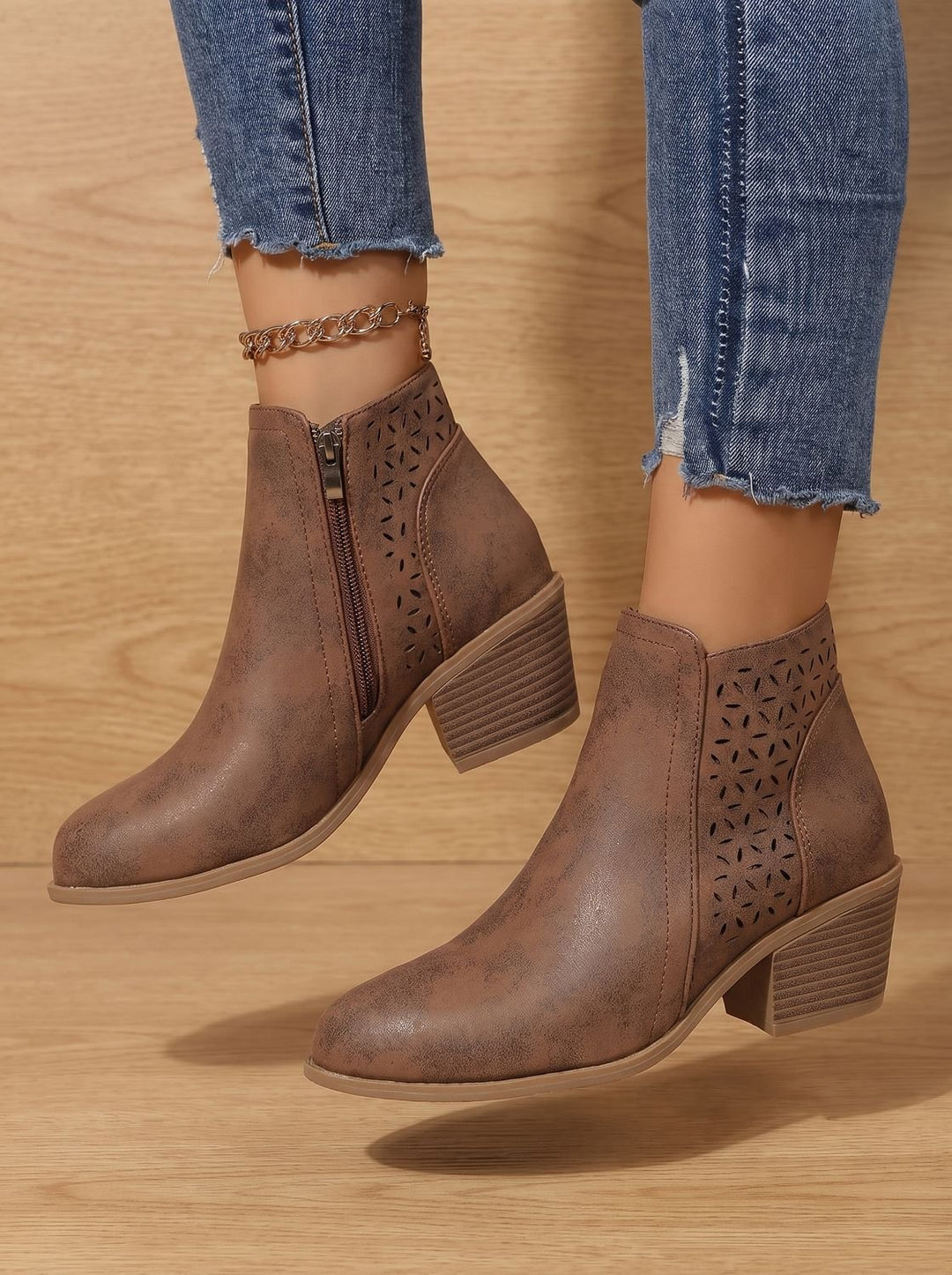 Women's Orthopedic Laser-Cut Block-Heel Ankle Boots - Brown