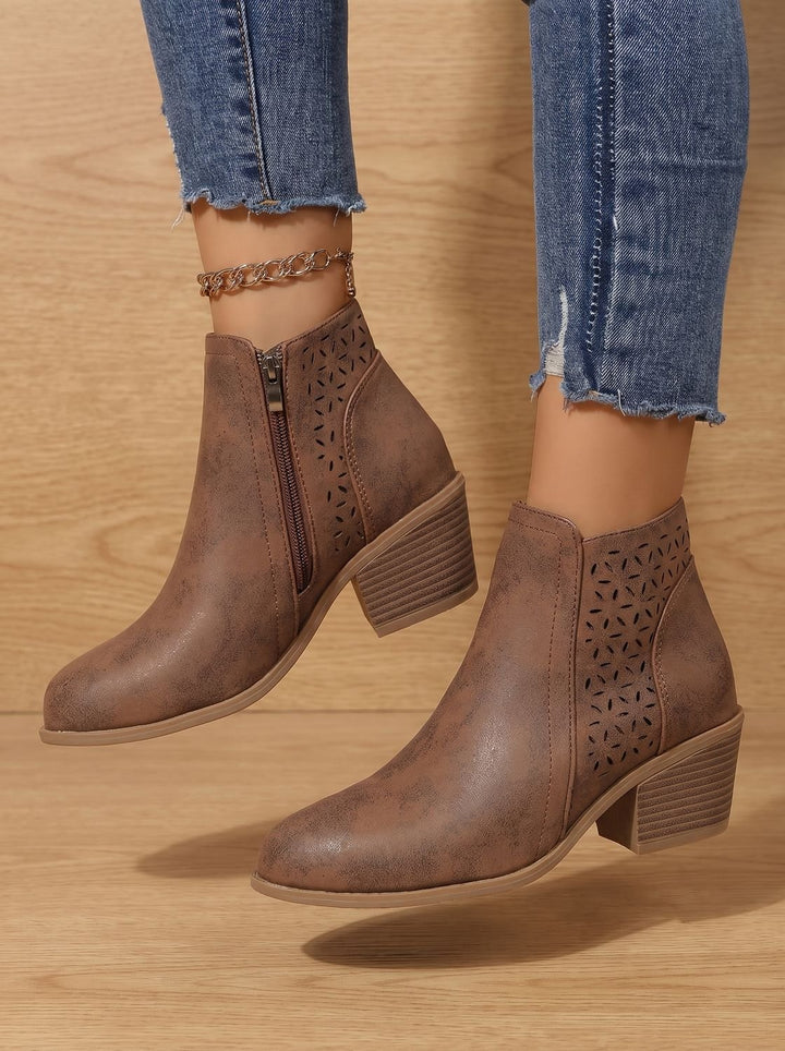 Women's Orthopedic Laser-Cut Block-Heel Ankle Boots - Brown