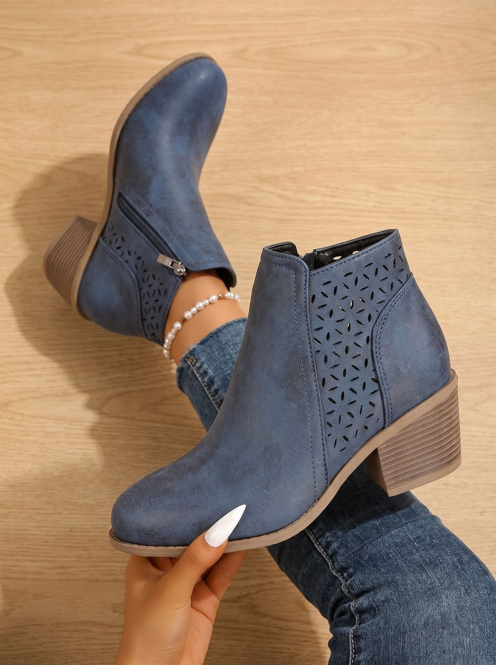 Women's Orthopedic Laser-Cut Block-Heel Ankle Boots - Blue