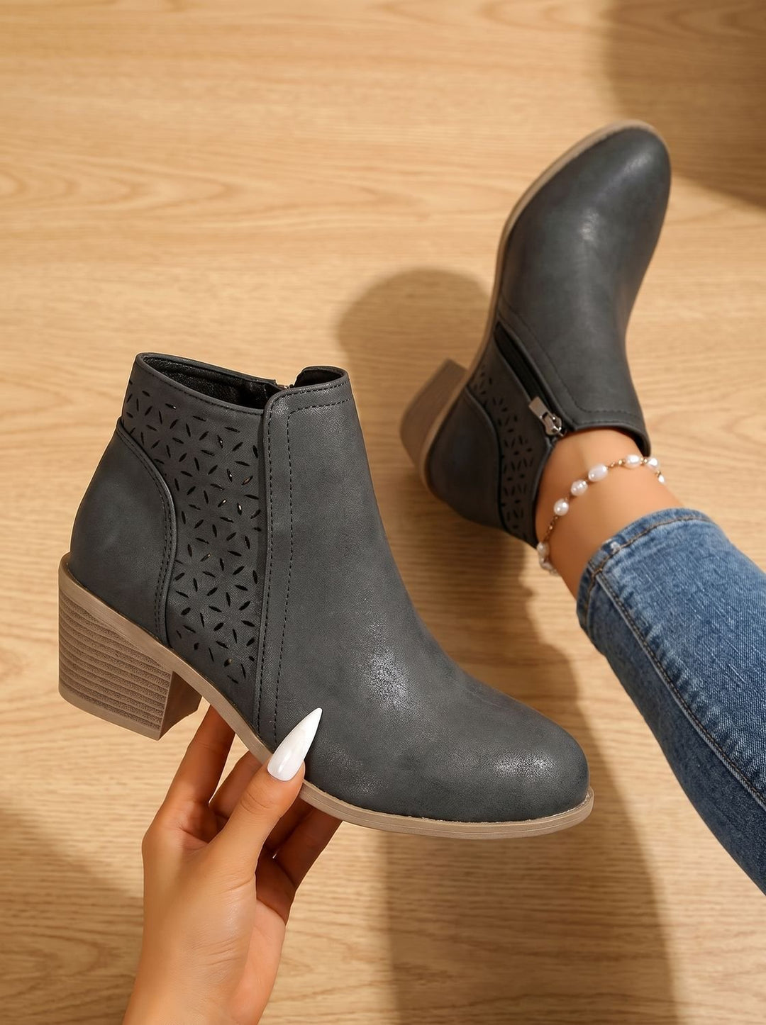 Women's Orthopedic Laser-Cut Block-Heel Ankle Boots - Black