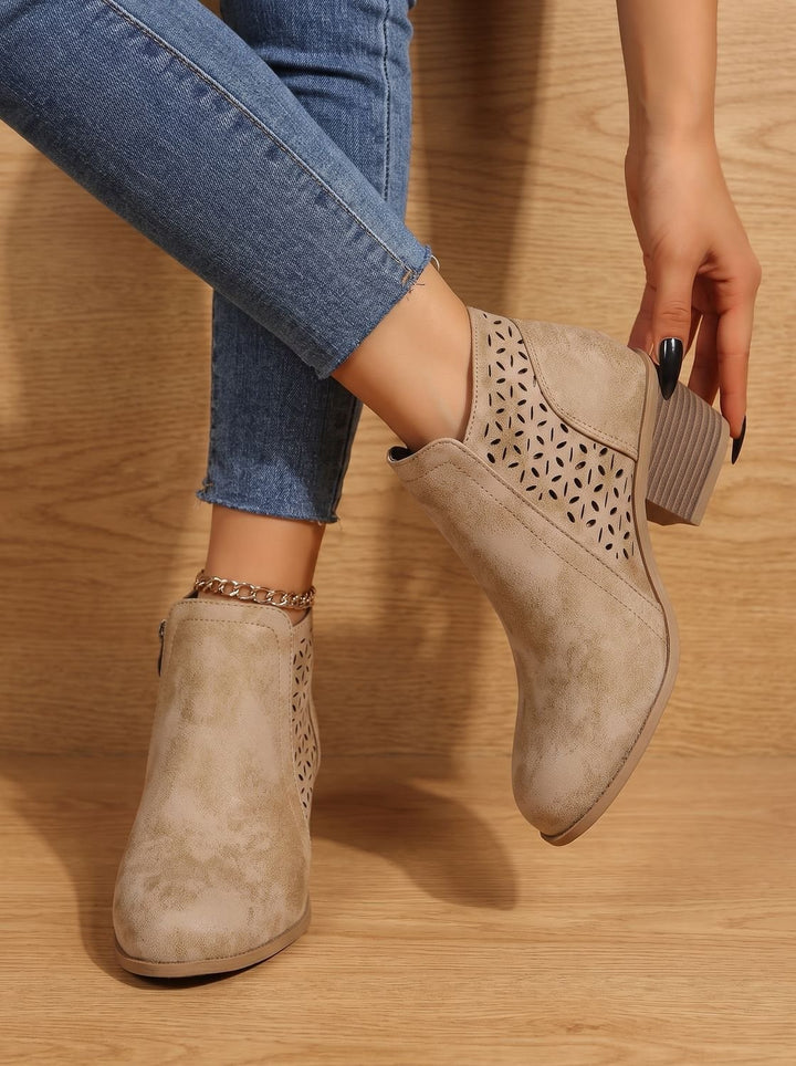 Women's Orthopedic Laser-Cut Block-Heel Ankle Boots - Beige