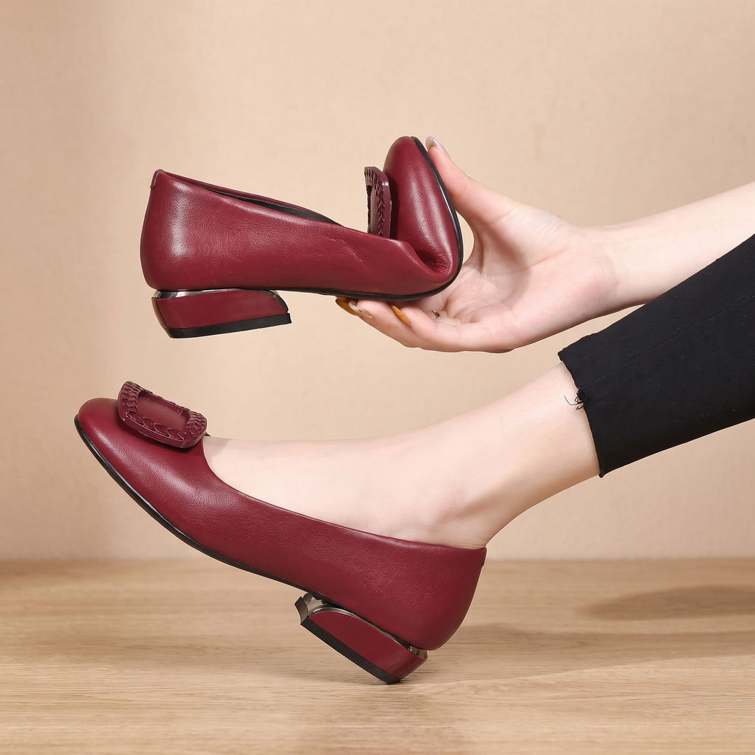 Women's Orthopedic Leather Block-Heel Loafer Pumps - Red