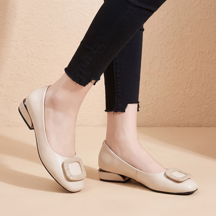 Women's Orthopedic Leather Block-Heel Loafer Pumps - Beige